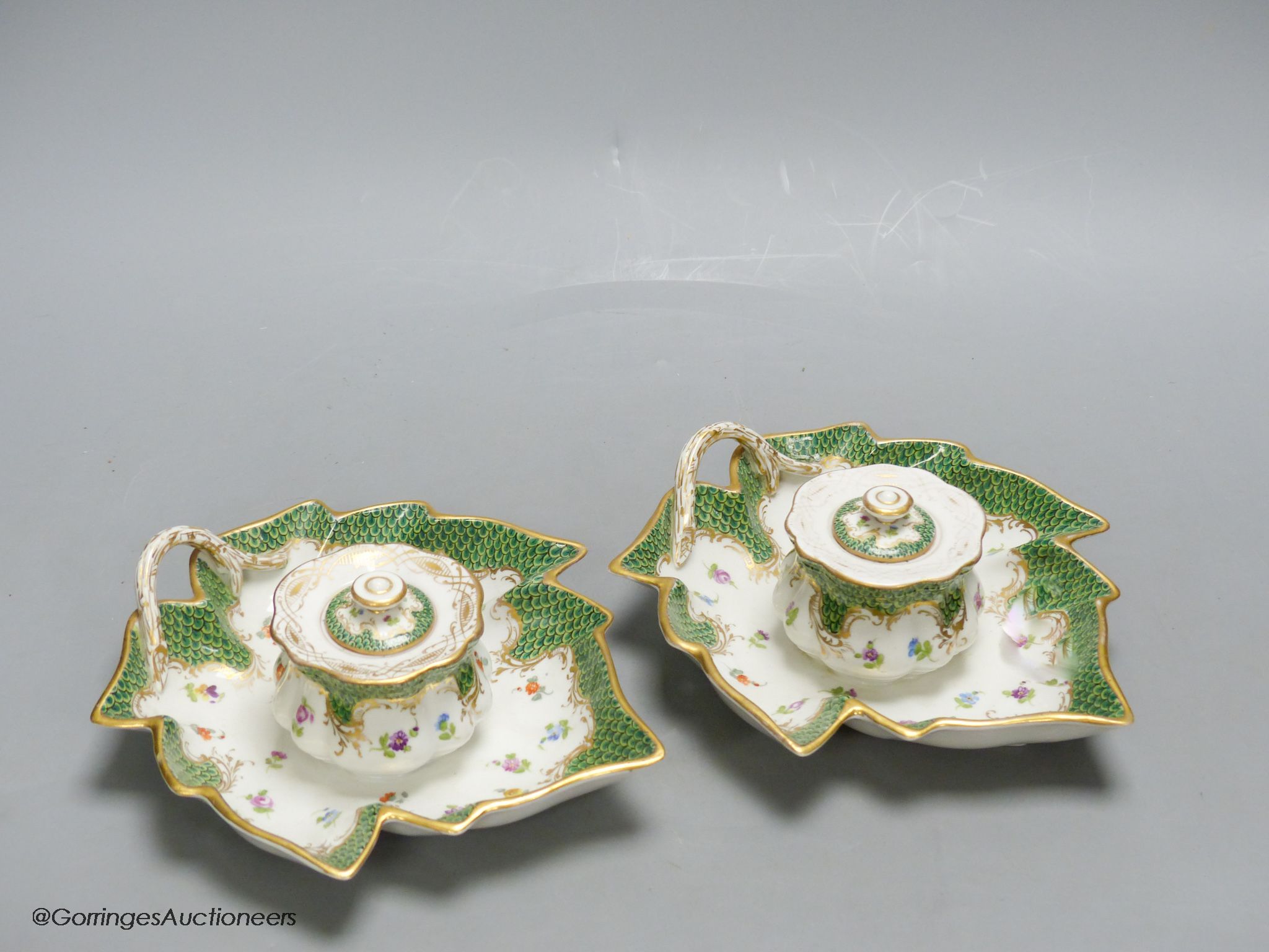 A pair of Dresden porcelain inkwells, length 19cm